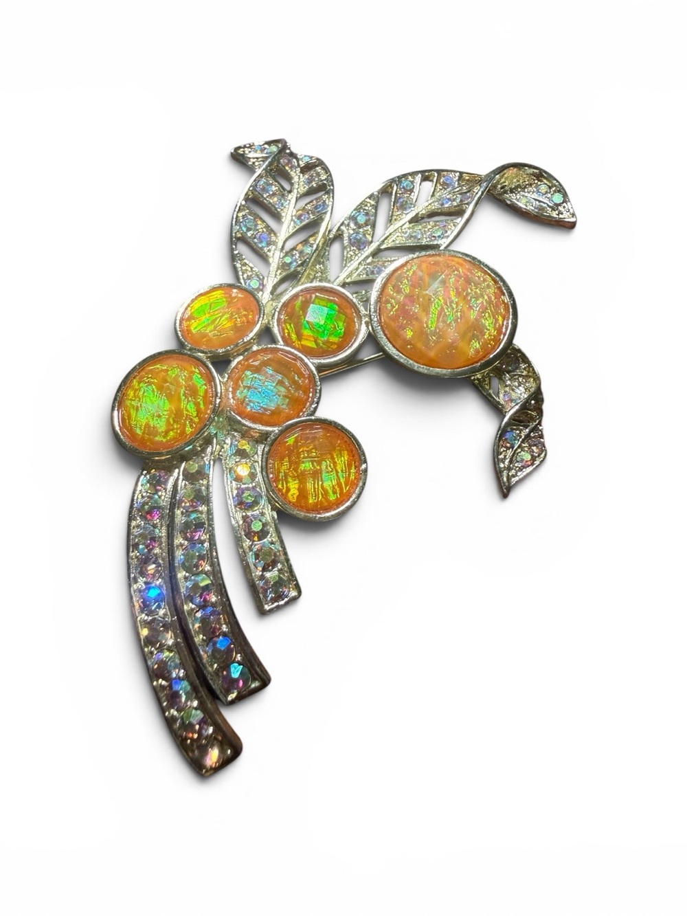 Gold Tone Faux Fire Opal Rhinestone Floral Spray Brooch Statement Pin
